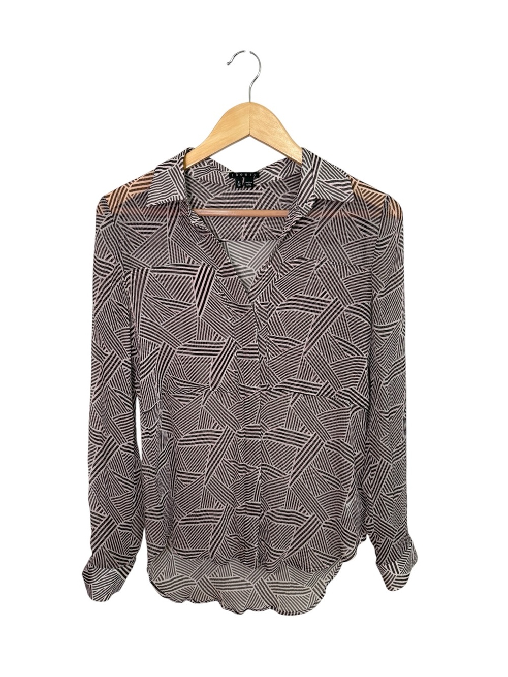 Theory Darlia Sheer Silk Geometric Optical Print Button Up Blouse Top P/XS